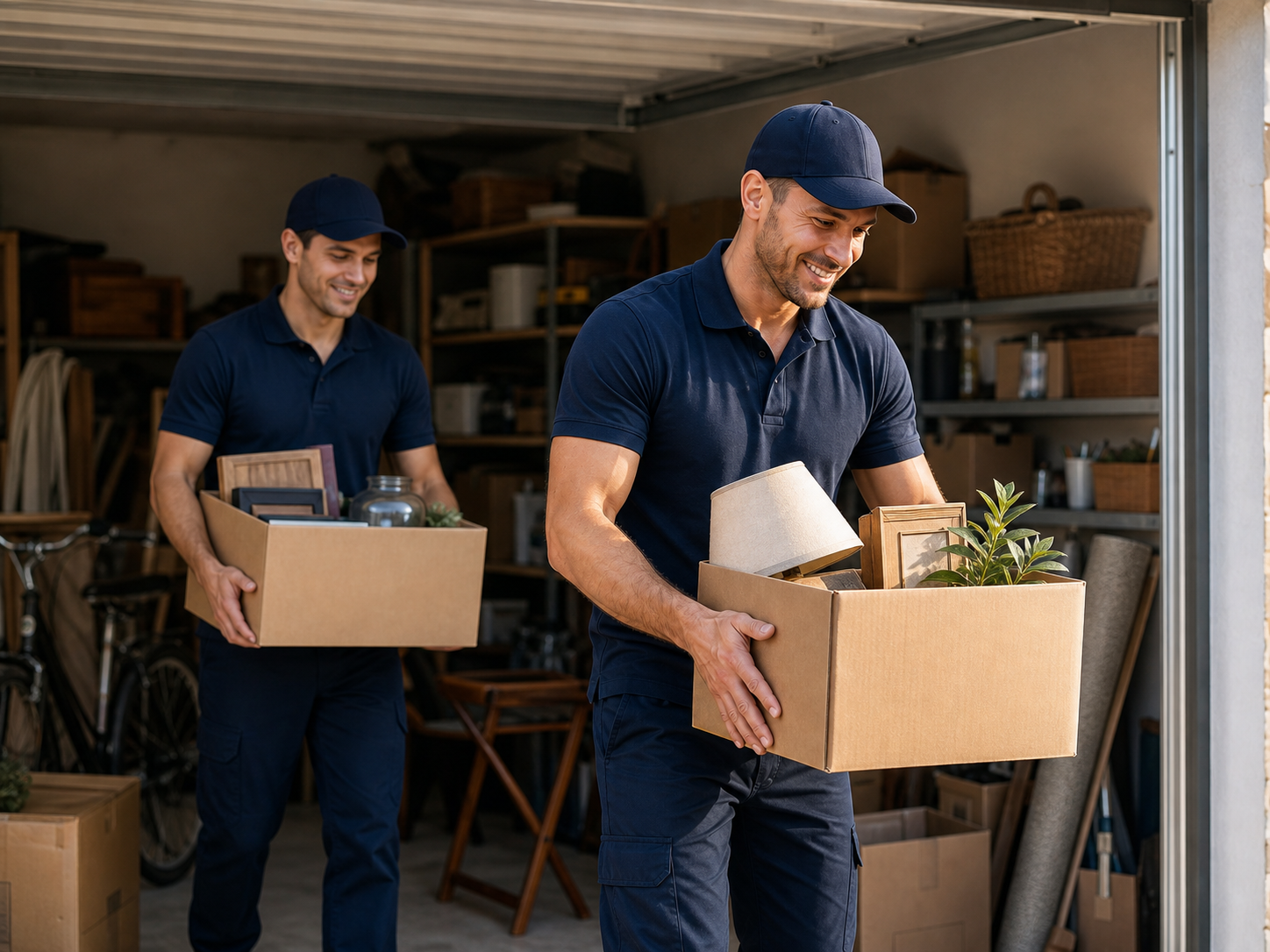 Zwei Fachkräfte tragen Kartons aus einer Garage