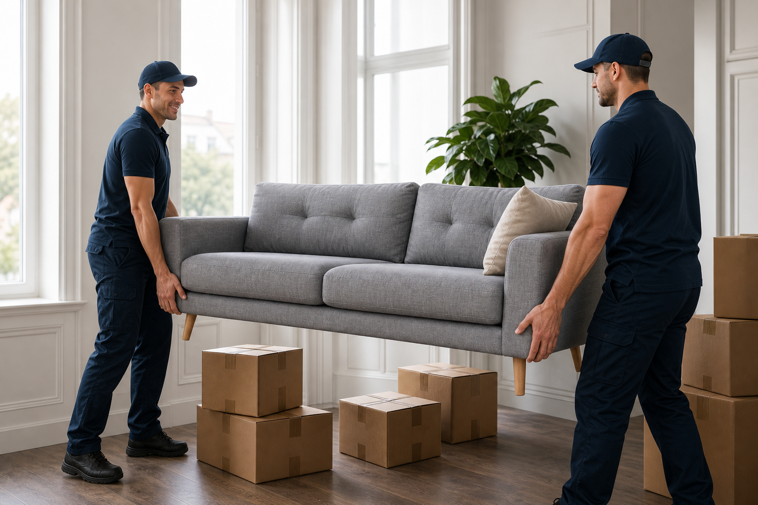 Zwei professionelle Umzugshelfer tragen ein graues Sofa